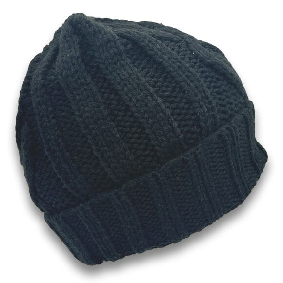 Black Thick Warm Knit Beanie Long Cuffed With Flower Accent Fall Winter Snow Hat - Picture 5 of 7